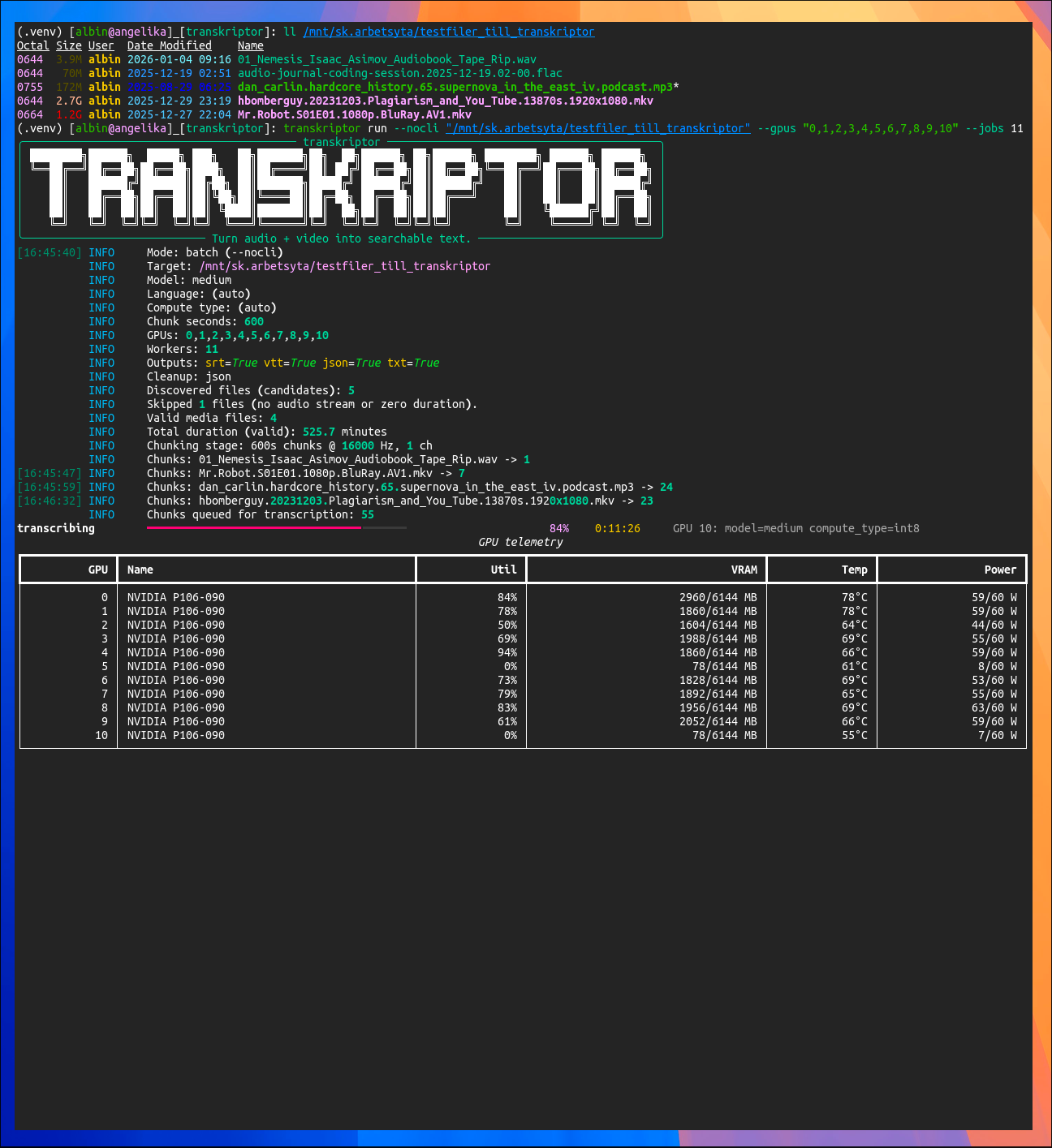 Screenshot: Program running on 11 Nvidia Pascal GPUs.